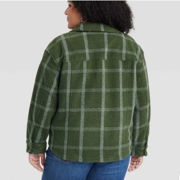 Ava & Viv Women's Front Button-Down Shacket Green Plaid - Picture 2 of 7